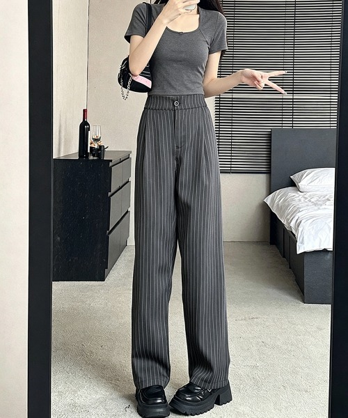 Miniministore(ミニミニストア)の「ストライプワイドパンツ春夏秋ロングパンツ(スラックス・レディース・グレー/ブラック/ネイビー/ベージュ・S/M/L)」の10枚目の写真
