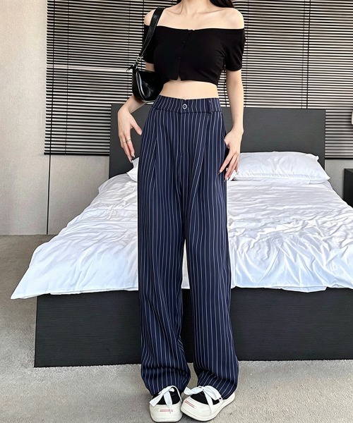 Miniministore(ミニミニストア)の「ストライプワイドパンツ春夏秋ロングパンツ(スラックス・レディース・グレー/ブラック/ネイビー/ベージュ・S/M/L)」の12枚目の写真
