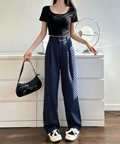 Miniministore(ミニミニストア)の「ストライプワイドパンツ春夏秋ロングパンツ(スラックス・レディース・グレー/ブラック/ネイビー/ベージュ・S/M/L)」の13枚目の写真