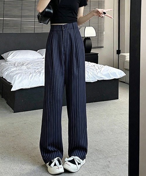 Miniministore(ミニミニストア)の「ストライプワイドパンツ春夏秋ロングパンツ(スラックス・レディース・グレー/ブラック/ネイビー/ベージュ・S/M/L)」の14枚目の写真
