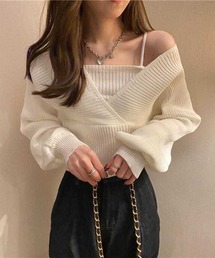 カシュクール風 レイヤード リブニットトップス