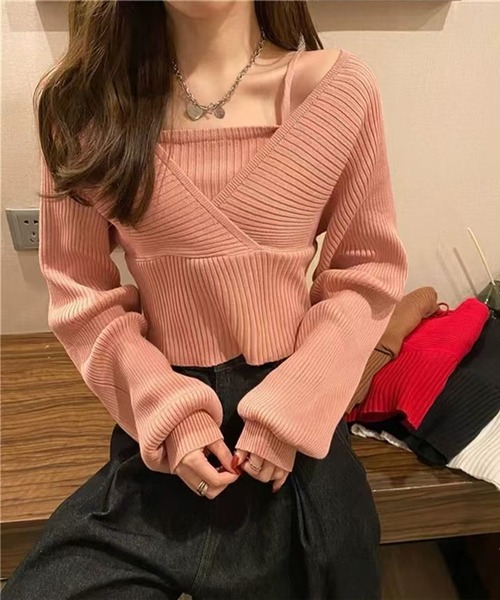 nonomi(ノノミ)の「カシュクール風 レイヤード リブニットトップス(ニット/セーター・レディース・ピンク/ホワイト/レッド/ブラック・FREE)」の1枚目の写真