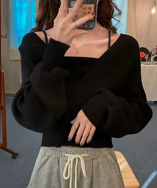nonomi(ノノミ)の「カシュクール風 レイヤード リブニットトップス(ニット/セーター・レディース・ピンク/ホワイト/レッド/ブラック・FREE)」の3枚目の写真