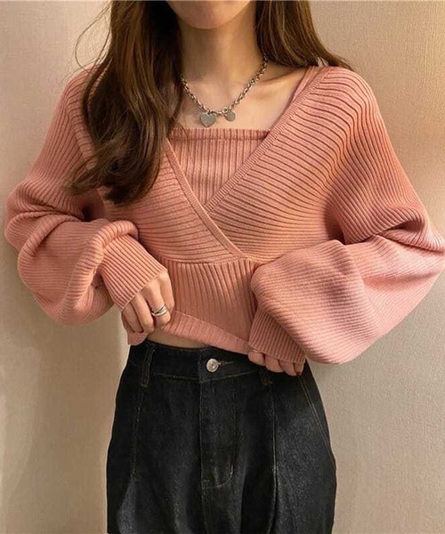 nonomi(ノノミ)の「カシュクール風 レイヤード リブニットトップス(ニット/セーター・レディース・ピンク/ホワイト/レッド/ブラック・FREE)」の7枚目の写真