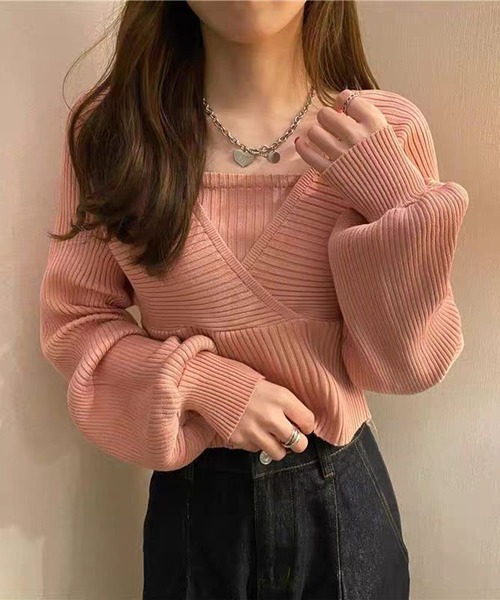 nonomi(ノノミ)の「カシュクール風 レイヤード リブニットトップス(ニット/セーター・レディース・ピンク/ホワイト/レッド/ブラック・FREE)」の5枚目の写真