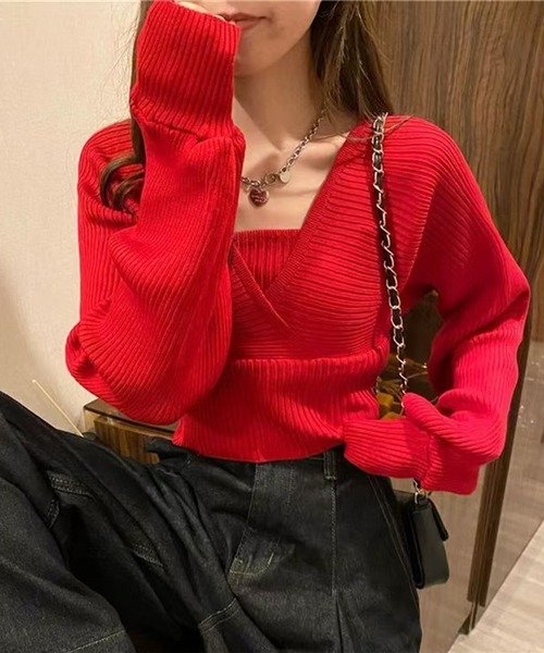nonomi(ノノミ)の「カシュクール風 レイヤード リブニットトップス(ニット/セーター・レディース・ピンク/ホワイト/レッド/ブラック・FREE)」の14枚目の写真