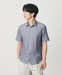 クイック ストレッチ ストライプ シャンブレー ボタンダウン 半袖シャツ SLIM型 吸水速乾機能付き