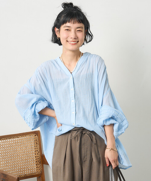 FREAK'S STORE(フリークスストア)の「<新色追加>インド シングルガーゼ ブラウス/シアーブラウス(シャツ/ブラウス・レディース・ラベンダー/オフホワイト/レモンイエロー/ブラック/サックスブルー/ネイビー・フリ-)」の4枚目の写真