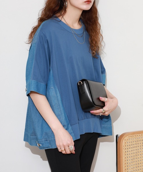 EGLANTINE(エグランティーヌ)の「EGLANTINE デニムドッキングカットソー 半端袖(Tシャツ/カットソー・レディース・ネイビー/ブルー・40)」の2枚目の写真
