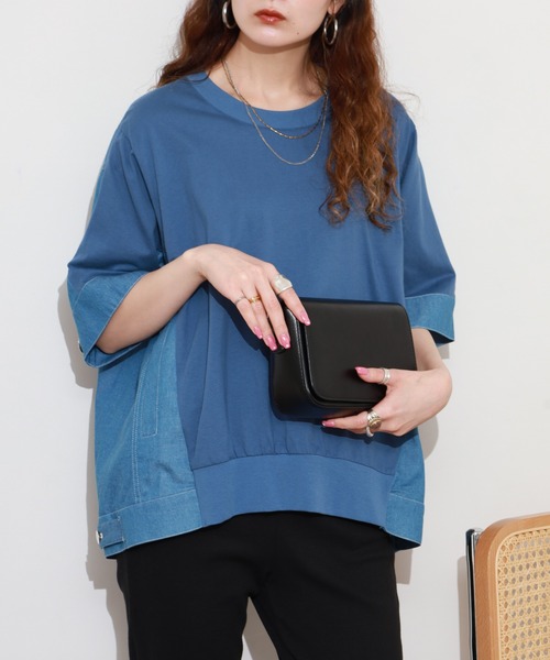 EGLANTINE(エグランティーヌ)の「EGLANTINE デニムドッキングカットソー 半端袖(Tシャツ/カットソー・レディース・ネイビー/ブルー・40)」の10枚目の写真