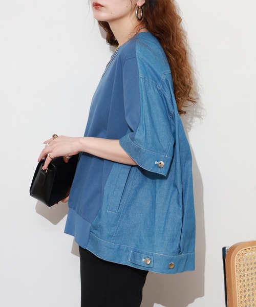 EGLANTINE(エグランティーヌ)の「EGLANTINE デニムドッキングカットソー 半端袖(Tシャツ/カットソー・レディース・ネイビー/ブルー・40)」の9枚目の写真