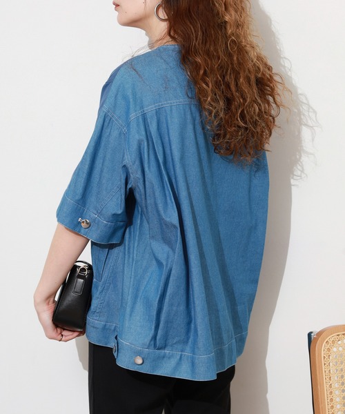 EGLANTINE(エグランティーヌ)の「EGLANTINE デニムドッキングカットソー 半端袖(Tシャツ/カットソー・レディース・ネイビー/ブルー・40)」の8枚目の写真