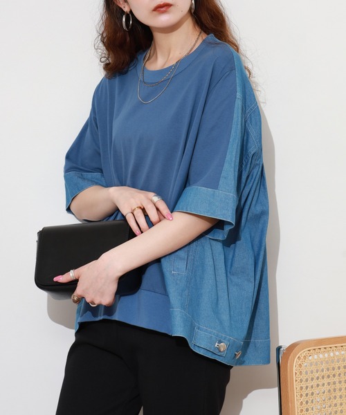EGLANTINE(エグランティーヌ)の「EGLANTINE デニムドッキングカットソー 半端袖(Tシャツ/カットソー・レディース・ネイビー/ブルー・40)」の7枚目の写真
