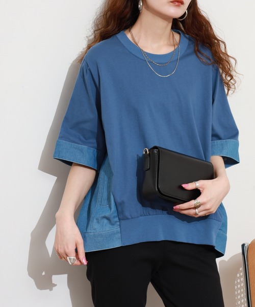 EGLANTINE(エグランティーヌ)の「EGLANTINE デニムドッキングカットソー 半端袖(Tシャツ/カットソー・レディース・ネイビー/ブルー・40)」の6枚目の写真