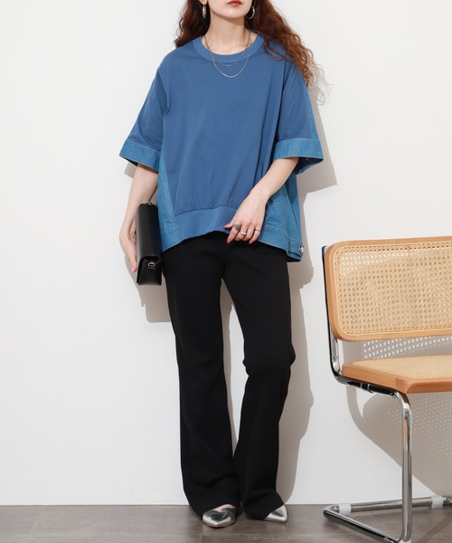EGLANTINE(エグランティーヌ)の「EGLANTINE デニムドッキングカットソー 半端袖(Tシャツ/カットソー・レディース・ネイビー/ブルー・40)」の5枚目の写真