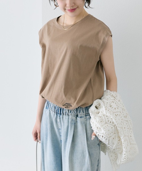 セール】汗ジミ防止加工ワンポイントロゴ刺繍フレンチスリーブTシャツ