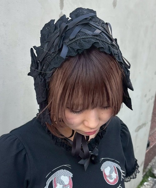 Candy Stripper（キャンディストリッパー）の「BABY RIBBON HEAD ドレス（ニットキャップ/ビーニー・レディース・オフホワイト/ブラック・FREE）」の6枚目の写真