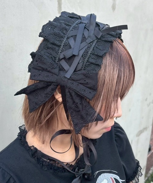 Candy Stripper（キャンディストリッパー）の「BABY RIBBON HEAD ドレス（ニットキャップ/ビーニー・レディース・オフホワイト/ブラック・FREE）」の7枚目の写真