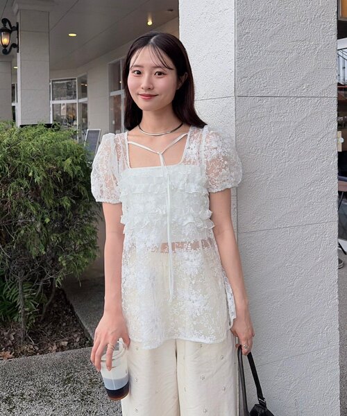 mystic（ミスティック）の「《@____ri__125 セレクト/WHT》オーガンジーフラワーブラウス（シャツ/ブラウス・レディース・ホワイト/ブラック・FREE）」の7枚目の写真