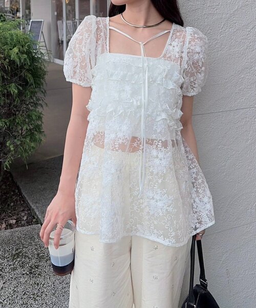 mystic（ミスティック）の「《@____ri__125 セレクト/WHT》オーガンジーフラワーブラウス（シャツ/ブラウス・レディース・ホワイト/ブラック・FREE）」の8枚目の写真