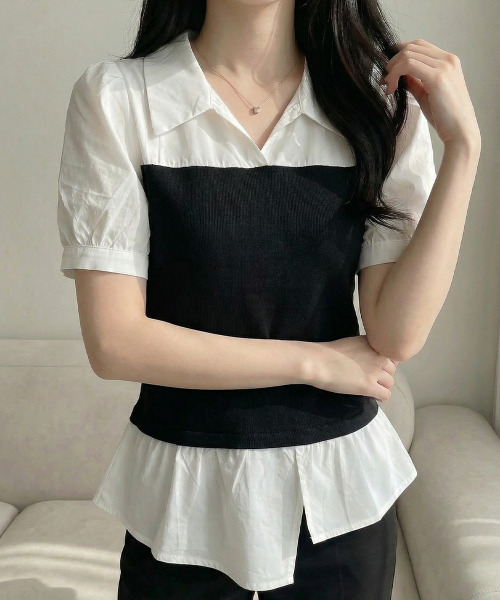 VIVID LADY(ビビッドレディー)の「シャツxニットドッキング トップス(Tシャツ/カットソー・レディース・ブラック/グレー・FREE)」の2枚目の写真