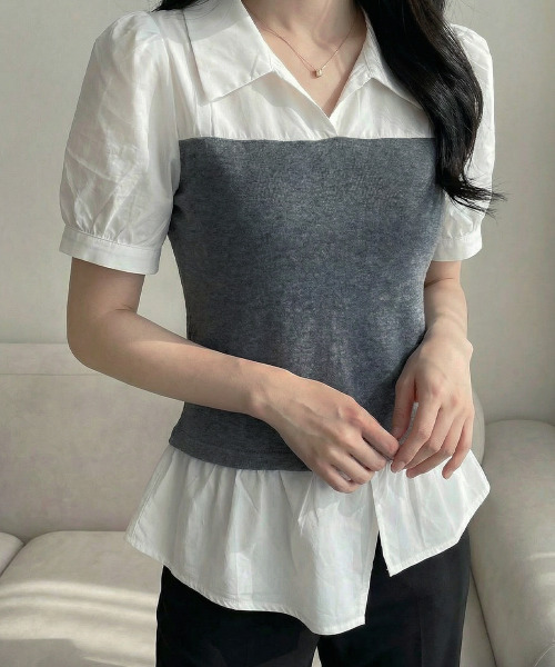 VIVID LADY(ビビッドレディー)の「シャツxニットドッキング トップス(Tシャツ/カットソー・レディース・ブラック/グレー・FREE)」の4枚目の写真