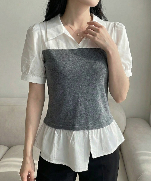 VIVID LADY(ビビッドレディー)の「シャツxニットドッキング トップス(Tシャツ/カットソー・レディース・ブラック/グレー・FREE)」の5枚目の写真