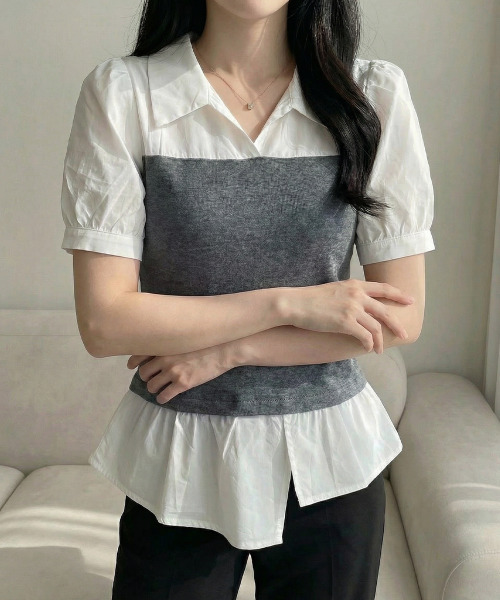 VIVID LADY(ビビッドレディー)の「シャツxニットドッキング トップス(Tシャツ/カットソー・レディース・ブラック/グレー・FREE)」の6枚目の写真