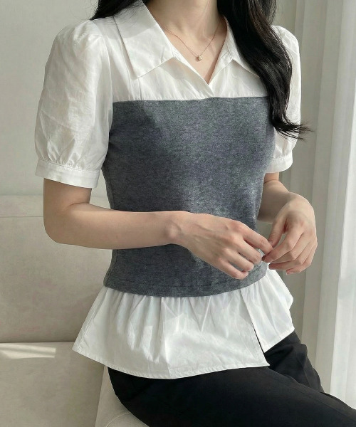 VIVID LADY(ビビッドレディー)の「シャツxニットドッキング トップス(Tシャツ/カットソー・レディース・ブラック/グレー・FREE)」の7枚目の写真