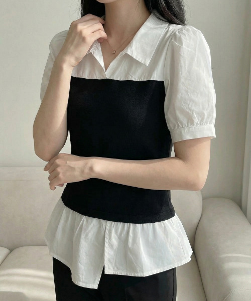 VIVID LADY(ビビッドレディー)の「シャツxニットドッキング トップス(Tシャツ/カットソー・レディース・ブラック/グレー・FREE)」の8枚目の写真
