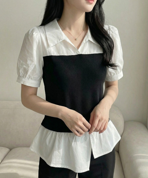 VIVID LADY(ビビッドレディー)の「シャツxニットドッキング トップス(Tシャツ/カットソー・レディース・ブラック/グレー・FREE)」の9枚目の写真