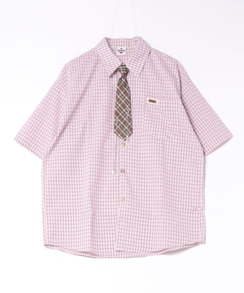 HOOK(フック)の「チェーン付きネクタイ&半袖グリッドチェックシャツ (SS)(シャツ/ブラウス・メンズ・ピンク/チョコ/グリーン・FREE)」の4枚目の写真