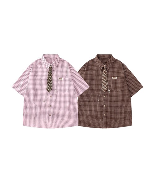 HOOK(フック)の「チェーン付きネクタイ&半袖グリッドチェックシャツ (SS)(シャツ/ブラウス・メンズ・ピンク/チョコ/グリーン・FREE)」の10枚目の写真