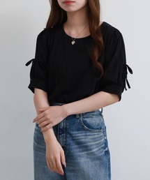 リボン付き袖ブラウス風カットソー 半袖