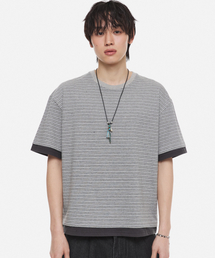 レイヤードストライプクロップTシャツチャコール