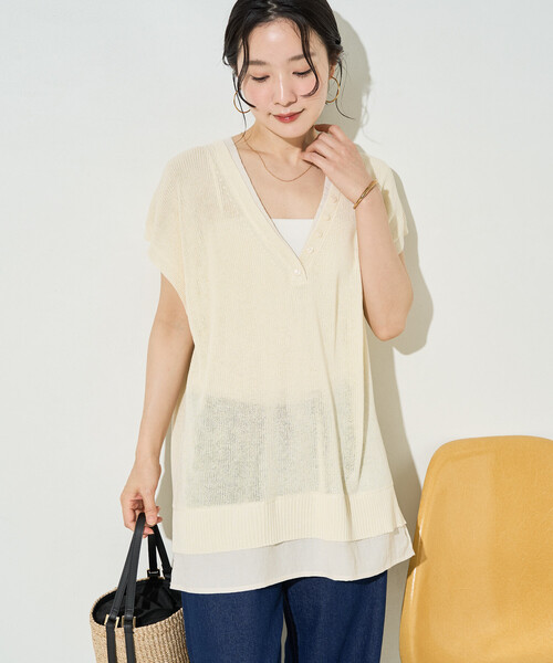 限定展開 Vネック レイヤード ボタン ニット フレンチ トップス（T