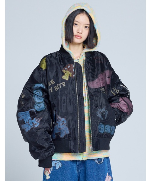 Little sunny bite(リトルサニーバイト)の「little sunny bite x Paula Grenouille doodle MA1(MA-1・レディース・カーキ/ブラック/ピンク・SMALL/MEDIUM)」の1枚目の写真