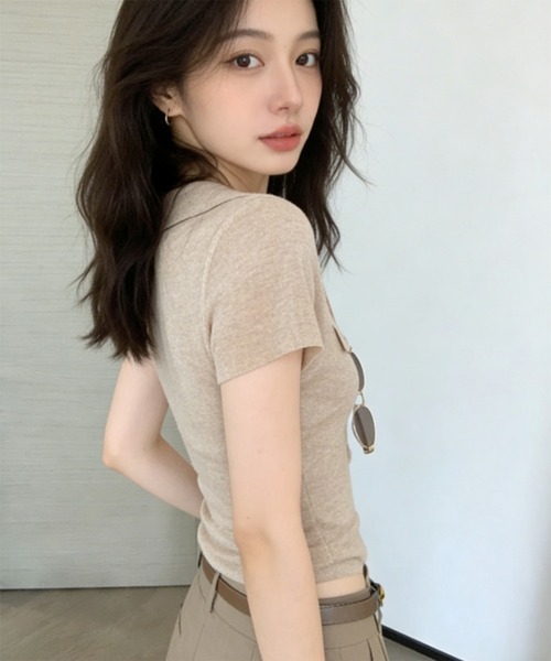Girly Doll(ガーリードール)の「飾りフラップ半袖ポロニット(ニット/セーター・レディース・ライトグレー/ブラック/ダークグレー/ベージュ・FREE)」の6枚目の写真