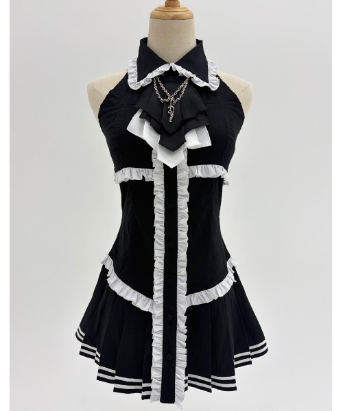 DustDevil(ダストデビル)の「『DustDevil/ダストデビル』Chain Tie Corset One-piece/チェーンタイコルセットワンピース(シャツ/ブラウス・レディース・ホワイト×ブラック/ブラック×ホワイト・FREE)」の6枚目の写真