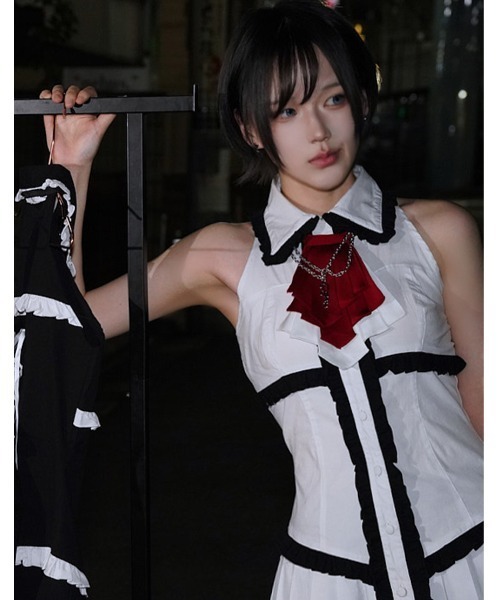 DustDevil(ダストデビル)の「『DustDevil/ダストデビル』Chain Tie Corset One-piece/チェーンタイコルセットワンピース(シャツ/ブラウス・レディース・ホワイト×ブラック/ブラック×ホワイト・FREE)」の5枚目の写真