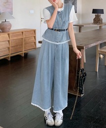 デニムノースリーブトップスワイドパンツセットアップ