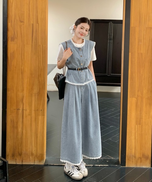FAVORITO(ファヴォリート)の「デニムノースリーブトップスワイドパンツセットアップ(セットアップ・レディース・ブルー・XL/L/M)」の8枚目の写真