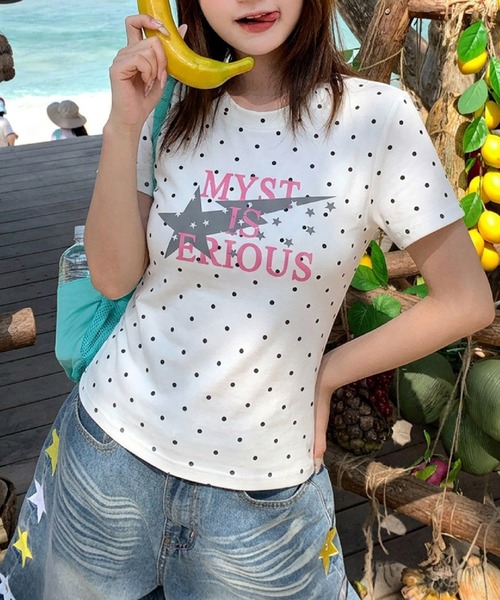 HALEY PESCA(ヘーリーペスカ)の「HALEY PESCA/ドット柄スターロゴプリントTシャツ(Tシャツ/カットソー・レディース・ホワイト・MEDIUM/SMALL/LARGE)」の3枚目の写真