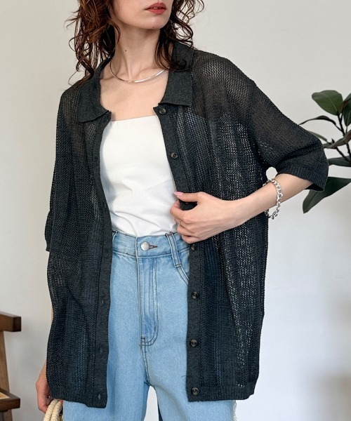 RCD(アールシーディー)の「メッシュ編み5分袖ポロカーディガン(カーディガン/ボレロ・レディース・杢グレー/ブラック・LL~3L/4L~5L/M-L)」の1枚目の写真