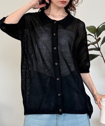 メッシュ編み5分袖ポロカーディガン
