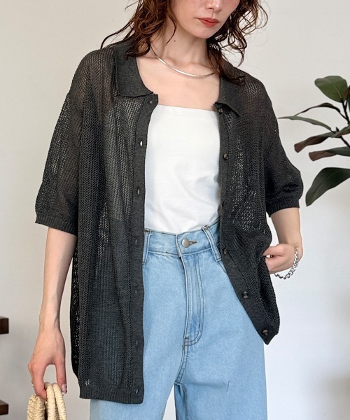 RCD(アールシーディー)の「メッシュ編み5分袖ポロカーディガン(カーディガン/ボレロ・レディース・杢グレー/ブラック・LL~3L/4L~5L/M-L)」の6枚目の写真