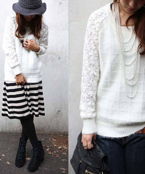 antiqua（アンティカ）の「フラワーレース×ゆるふわニットトップス（ニット/セーター・レディース・オフホワイト/ブラック・M）」の3枚目の写真