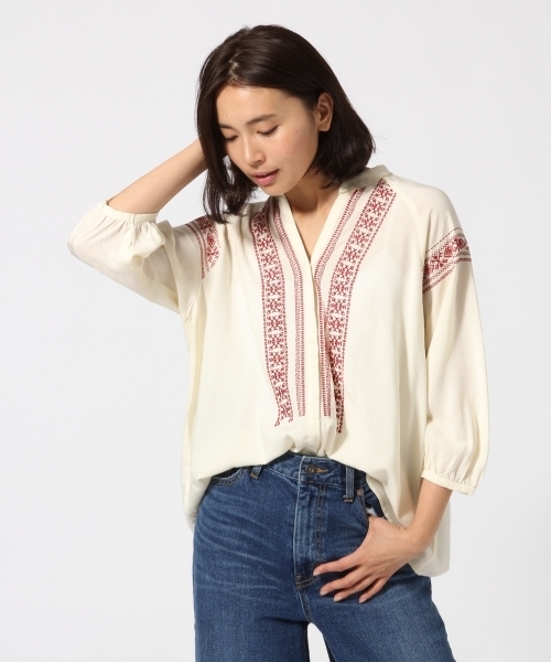 GLOBAL WORK（グローバルワーク）の「ビーズシシュウブラウス8分袖/738599（シャツ/ブラウス・レディース・ホワイト/オフホワイト/ネイビー・MEDIUM/LARGE）」の3枚目の写真