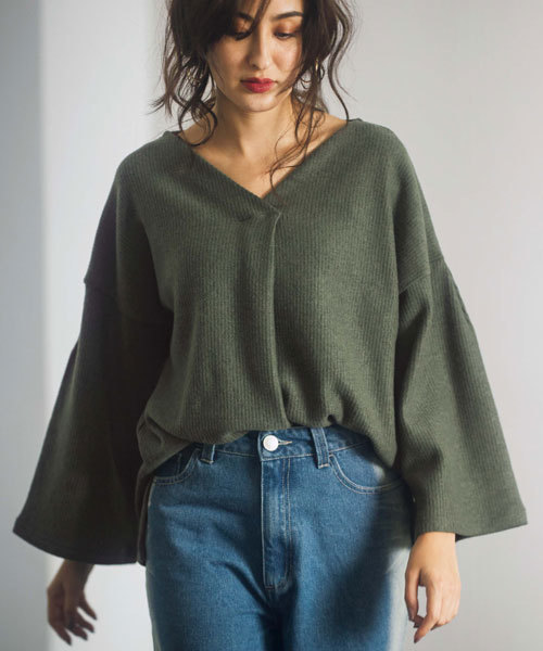 GeeRA（ジーラ）の「モヘア調起毛リブニットソートップス（Tシャツ/カットソー・レディース・オフホワイト/カーキ/ピンク/杢グレー/ブラック・L/LL/M/S）」の4枚目の写真
