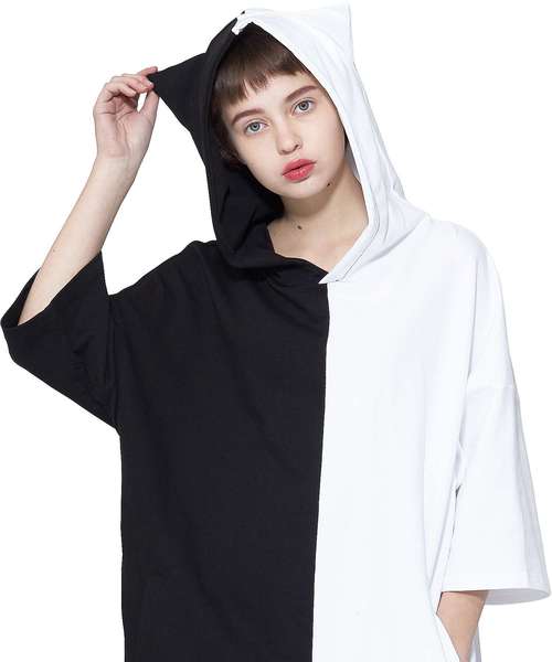 Ankorock アンコロック の Ankorockアシンメトリーモノクロ半袖ネコ耳プルオーバーパーカー スーパービッグ パーカー Wear